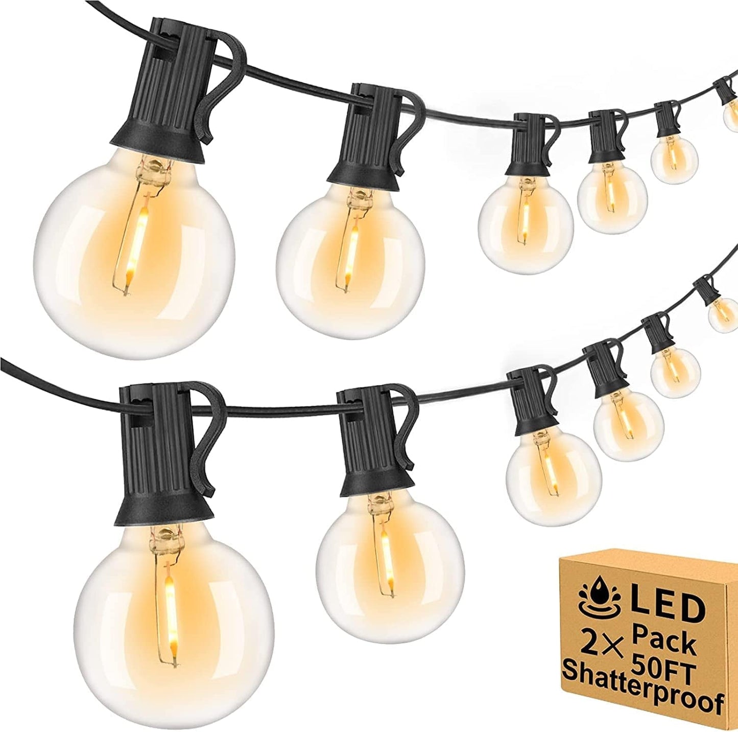 100Ft 2-Pack Outdoor String Lights,Dimmable G40 LED String Lights with 52 Shatterproof Clear Bulbs UL Approval Waterproof Globe 1W 2700K Outdoor Lighting for Backyard Porch Cafe Party Wedding Garden