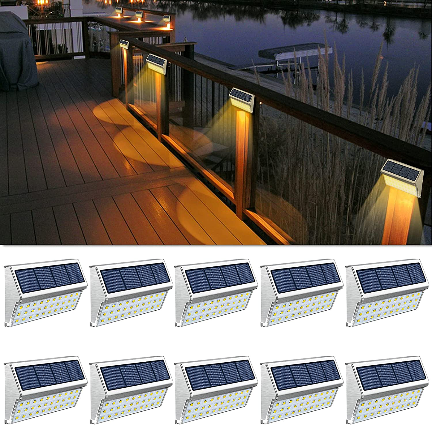 ROSHWEY Deck Lights Outdoor 30 LED Stainless Steel Fence Post Solar Lamps Waterproof Step Lighting for Walkway Stairs (Pack of 10, Cool White Light)