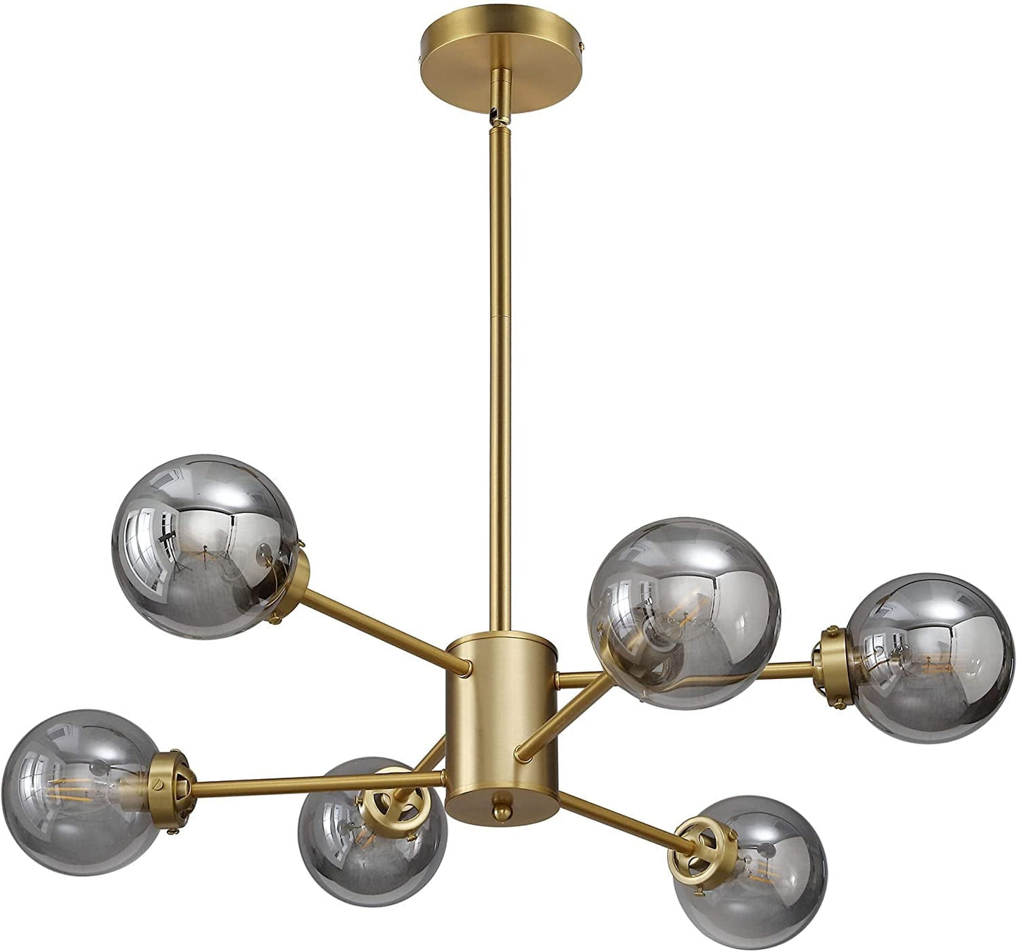WINGBO 6-Light Modern Chandelier, Sputnik Pedant Light Fixture with Large Opal White Glass Globe Shade for Flat and Slop Ceiling, Height Adjustable for Kitchen Living Room Dining Room Bedroom, Gold