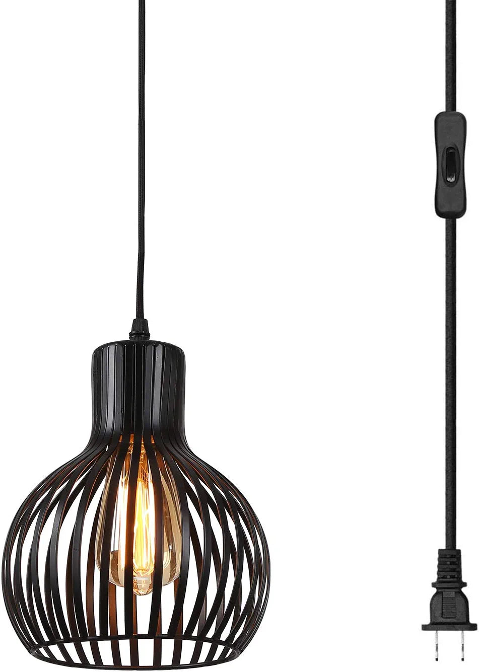 Riomasee Industrial Wire Cage Plug in Pendant Lighting Metal Hanging Light Fixture with 14.27 Ft Hanging Cord and On/Off Switch (Gold)