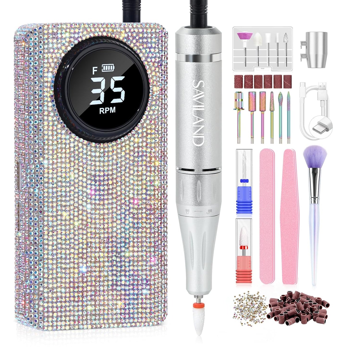 SAVILAND Professionl Nail Drill Kit: Diamond Shiny | 35000RPM Electric Nail Drill Machine | Nail Drill Kit Professional Drill Bits Drill Nail File Buffer Dust Brush Expert Salon Use Manicure Pedicure