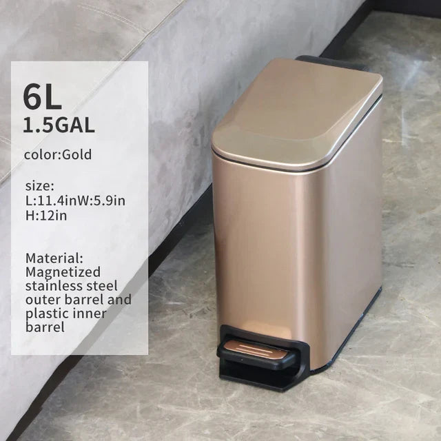Rectangular Narrow Stainless Steel Foot Step Trash Can Gold Wastebasket Garbage Container Foot Pedal Bin for Bathroom Toilet