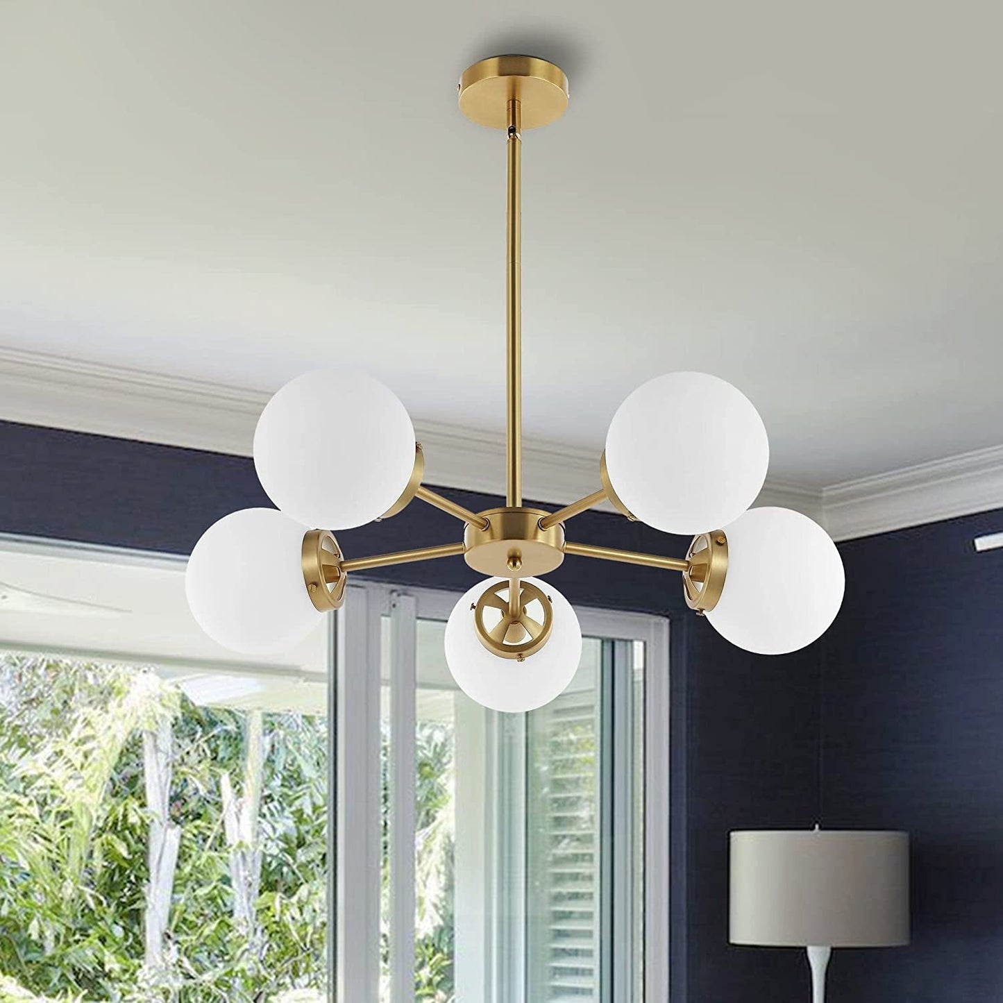 WINGBO 6-Light Modern Chandelier, Sputnik Pedant Light Fixture with Large Opal White Glass Globe Shade for Flat and Slop Ceiling, Height Adjustable for Kitchen Living Room Dining Room Bedroom, Gold