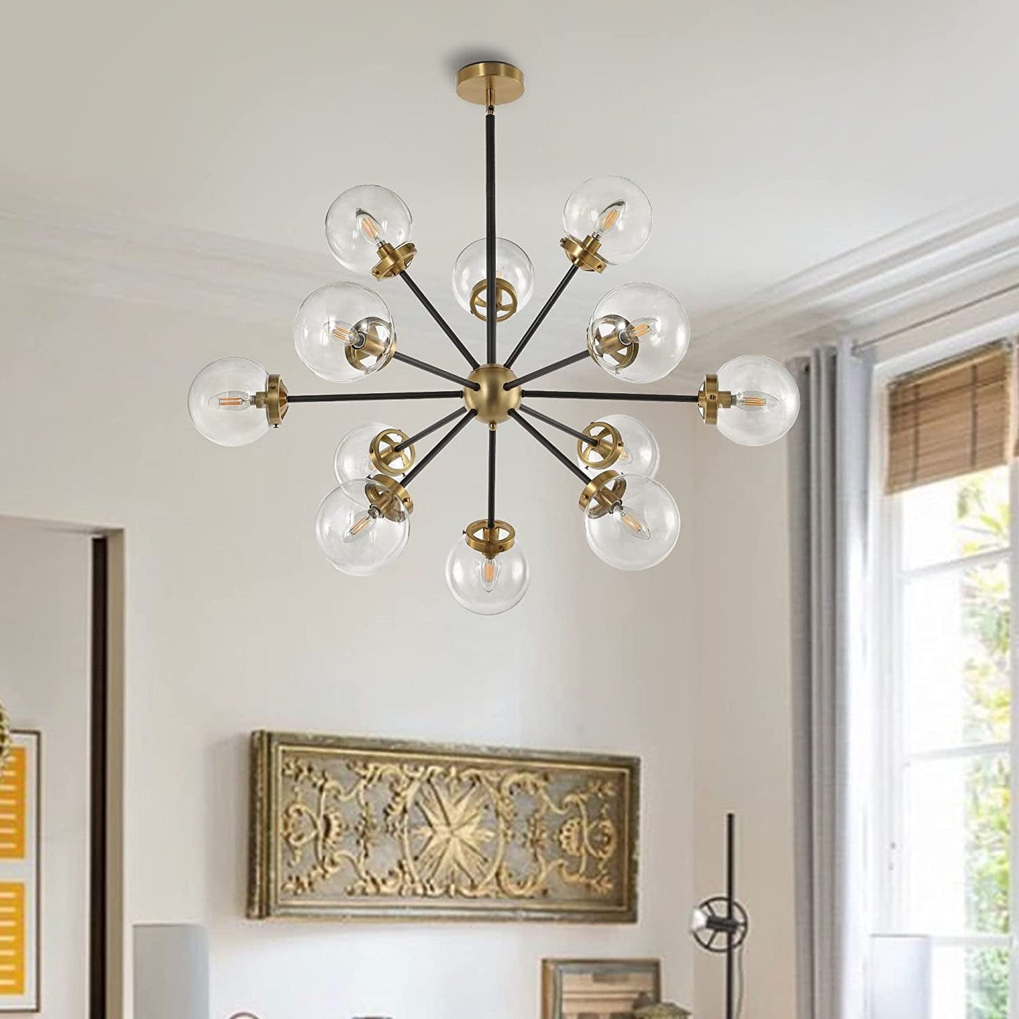 WINGBO 6-Light Modern Chandelier, Sputnik Pedant Light Fixture with Large Opal White Glass Globe Shade for Flat and Slop Ceiling, Height Adjustable for Kitchen Living Room Dining Room Bedroom, Gold