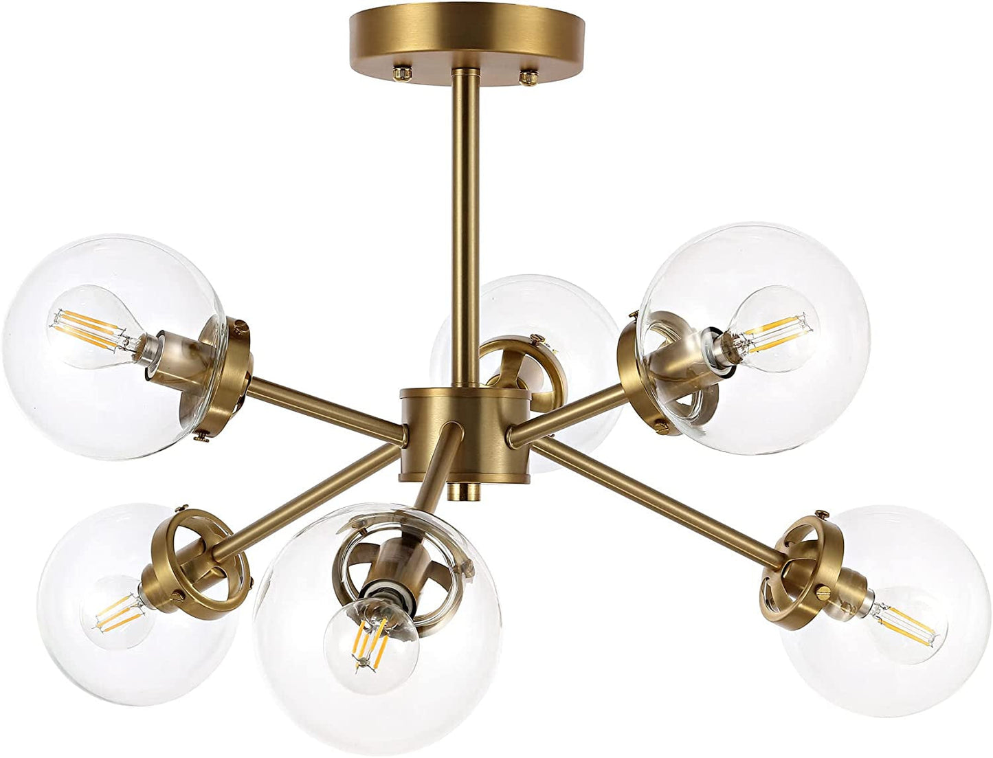 WINGBO 6-Light Modern Chandelier, Sputnik Pedant Light Fixture with Large Opal White Glass Globe Shade for Flat and Slop Ceiling, Height Adjustable for Kitchen Living Room Dining Room Bedroom, Gold