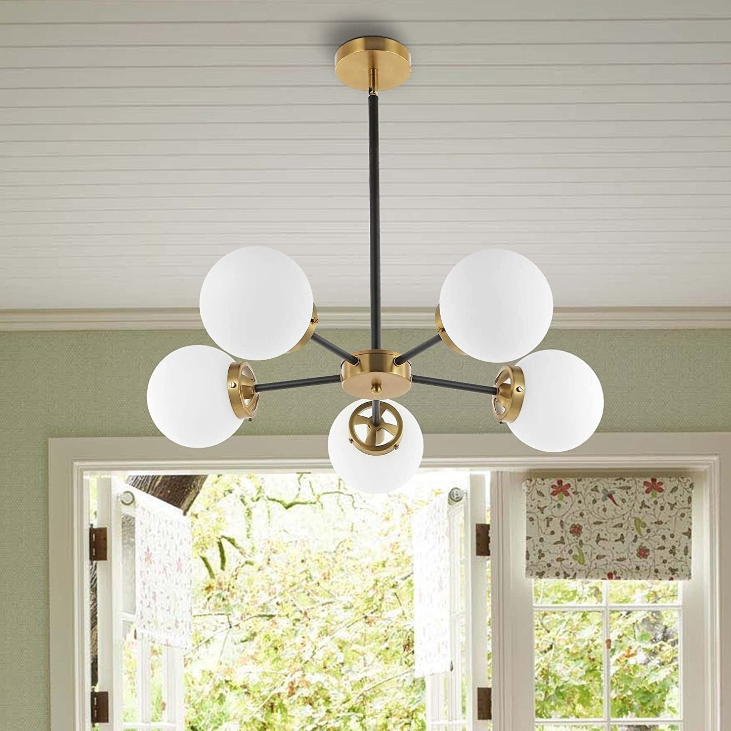 WINGBO 6-Light Modern Chandelier, Sputnik Pedant Light Fixture with Large Opal White Glass Globe Shade for Flat and Slop Ceiling, Height Adjustable for Kitchen Living Room Dining Room Bedroom, Gold