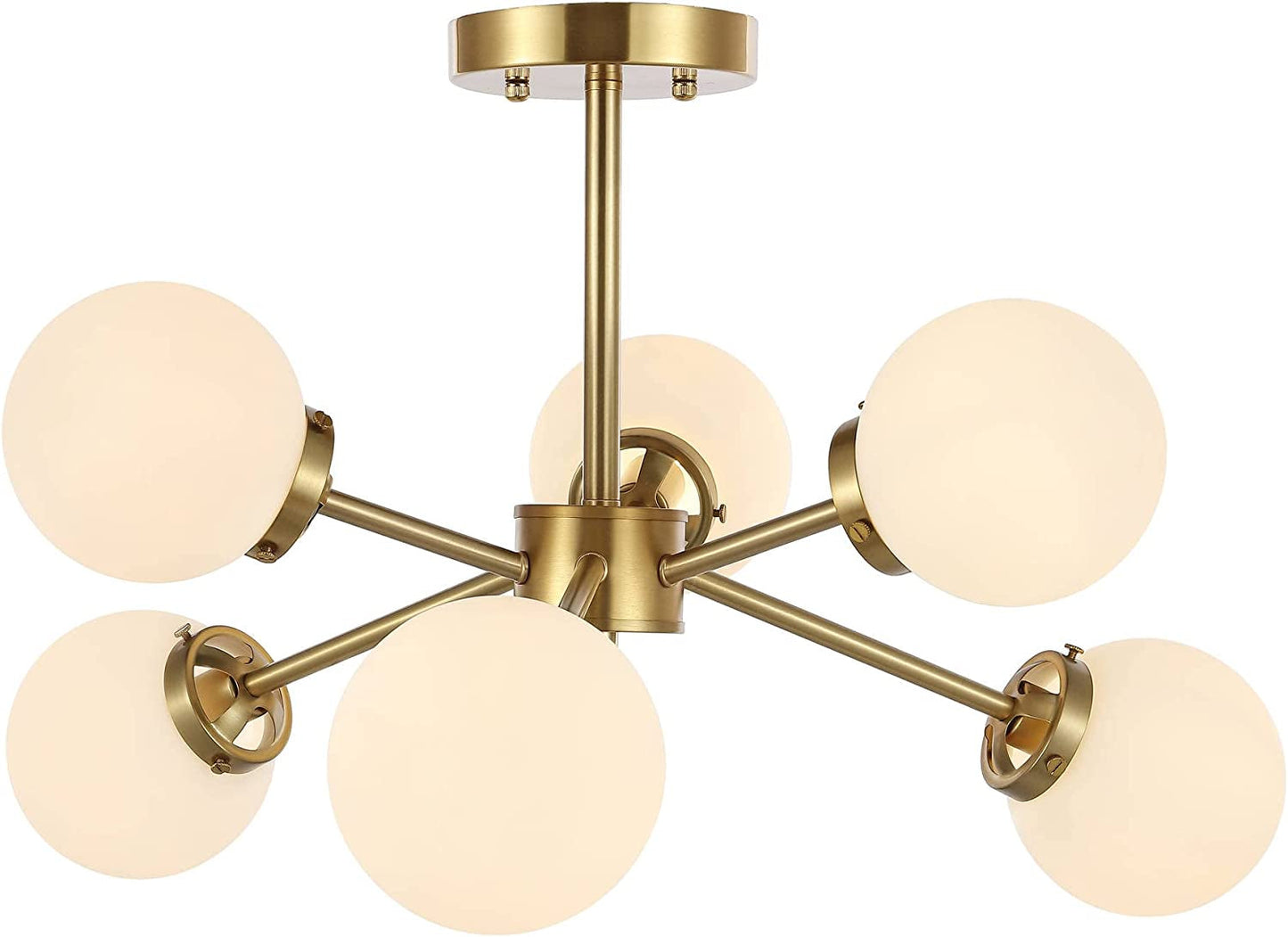 WINGBO 6-Light Modern Chandelier, Sputnik Pedant Light Fixture with Large Opal White Glass Globe Shade for Flat and Slop Ceiling, Height Adjustable for Kitchen Living Room Dining Room Bedroom, Gold