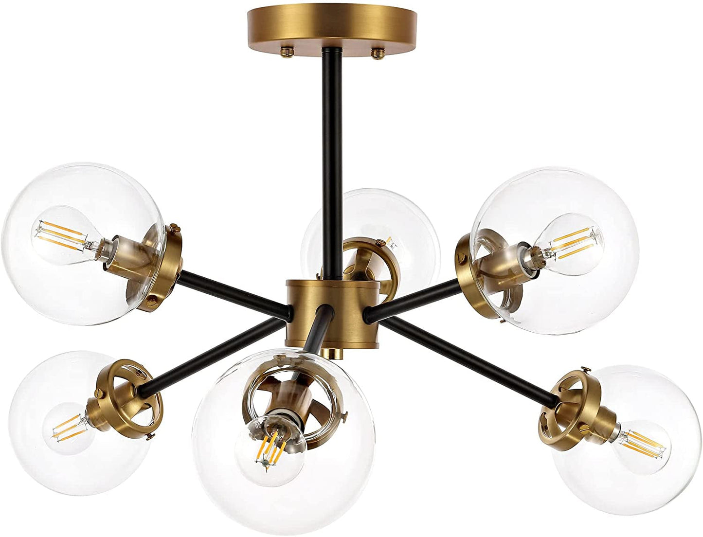 WINGBO 6-Light Modern Chandelier, Sputnik Pedant Light Fixture with Large Opal White Glass Globe Shade for Flat and Slop Ceiling, Height Adjustable for Kitchen Living Room Dining Room Bedroom, Gold