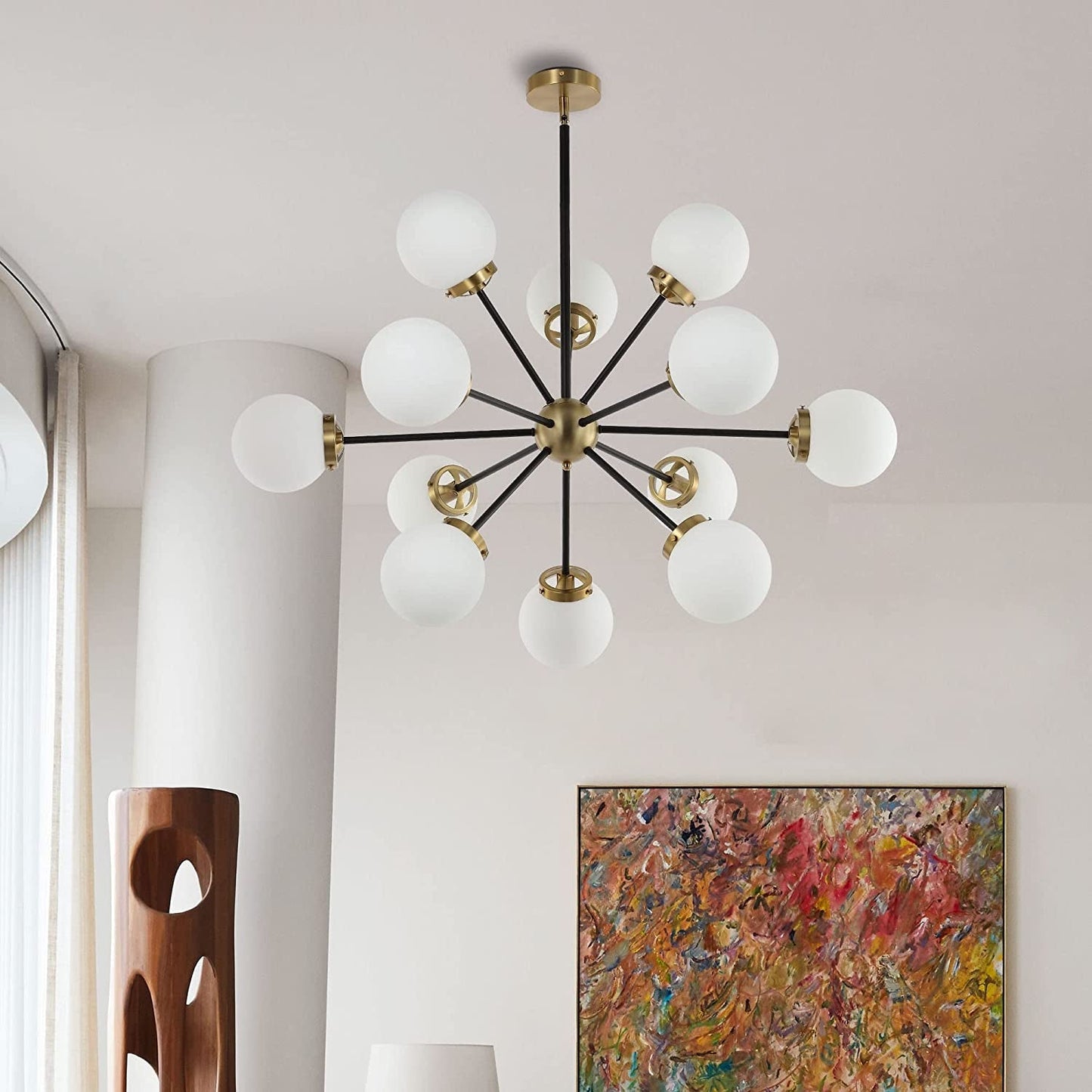 WINGBO 6-Light Modern Chandelier, Sputnik Pedant Light Fixture with Large Opal White Glass Globe Shade for Flat and Slop Ceiling, Height Adjustable for Kitchen Living Room Dining Room Bedroom, Gold