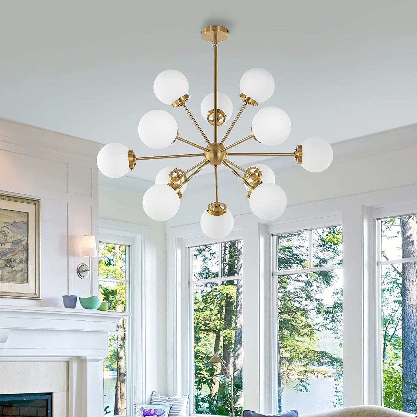 WINGBO 6-Light Modern Chandelier, Sputnik Pedant Light Fixture with Large Opal White Glass Globe Shade for Flat and Slop Ceiling, Height Adjustable for Kitchen Living Room Dining Room Bedroom, Gold