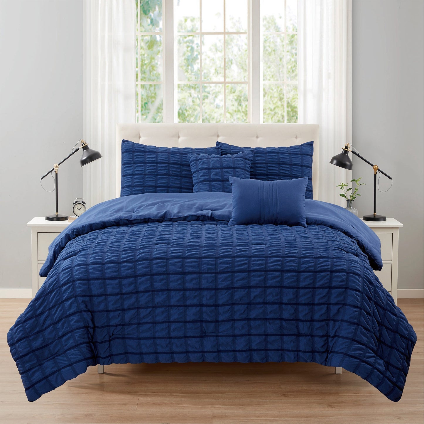 Rowan 5 Piece Seersucker Comforter Set, Navy, King