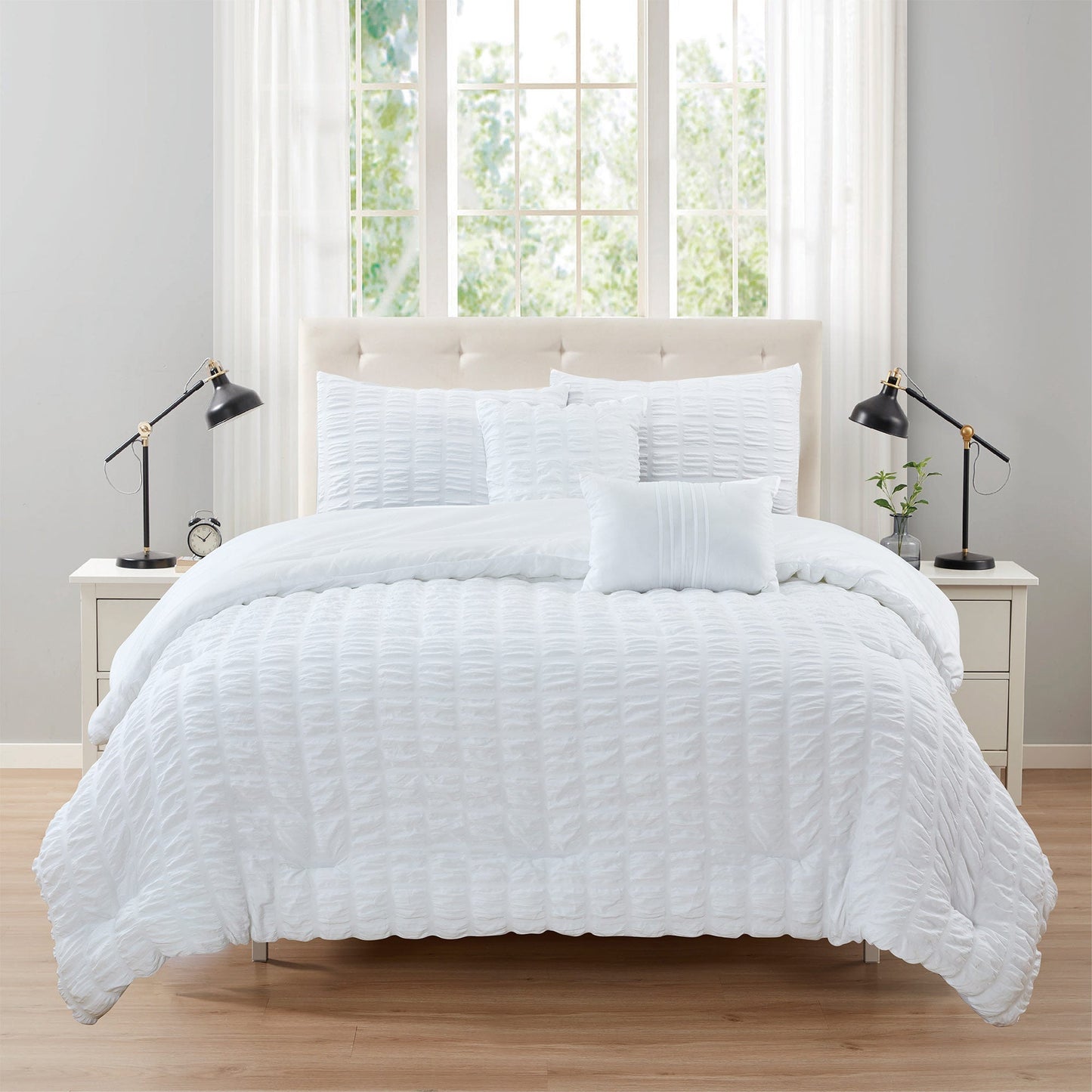 Rowan 5 Piece Seersucker Comforter Set, White, Queen