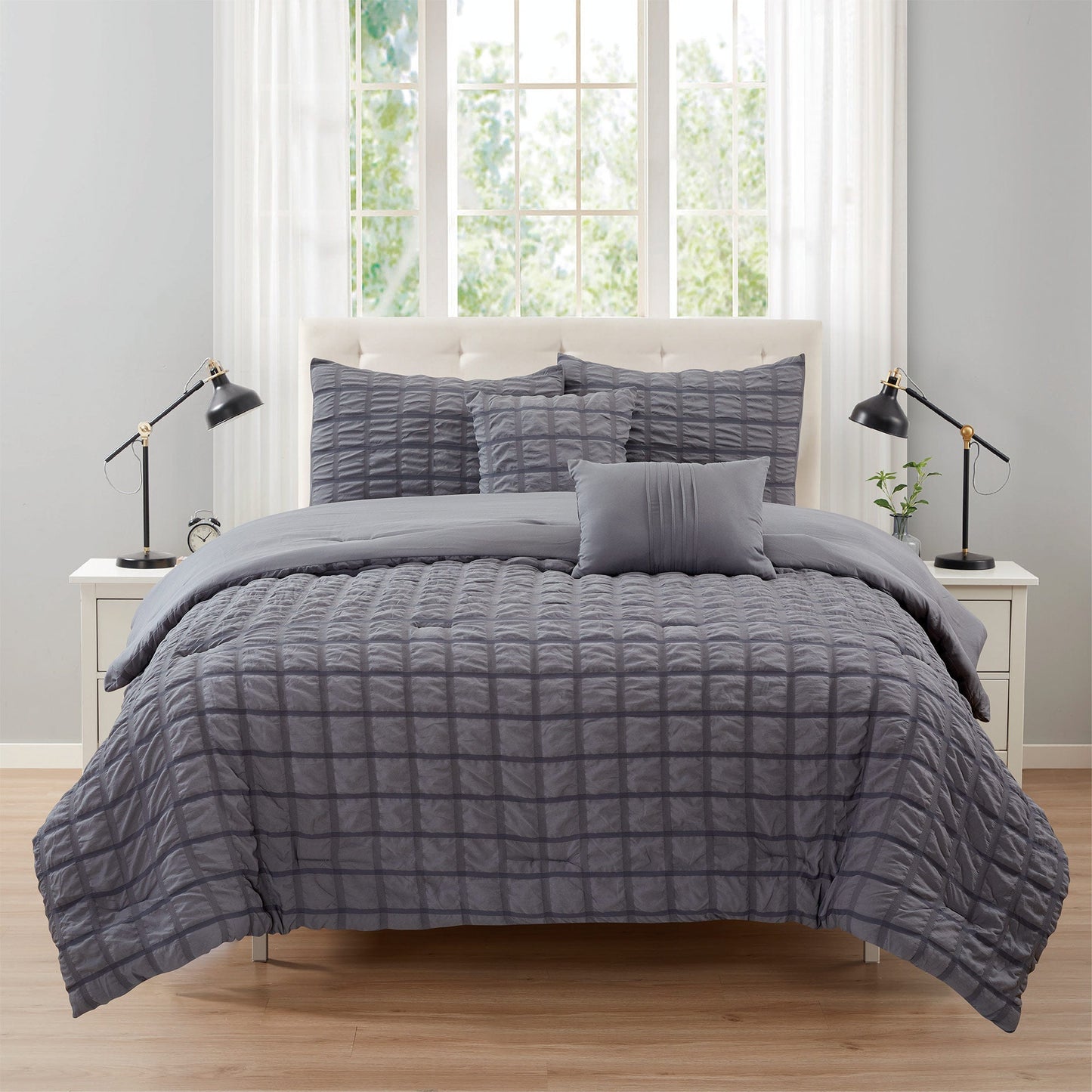 Rowan 5 Piece Seersucker Comforter Set, Gray, King