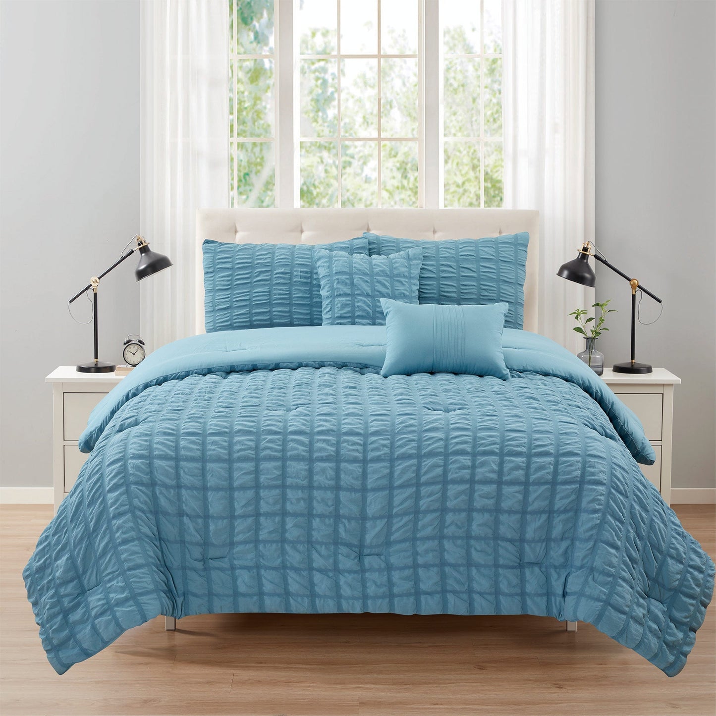 Rowan 5 Piece Seersucker Comforter Set, Slate Blue, King