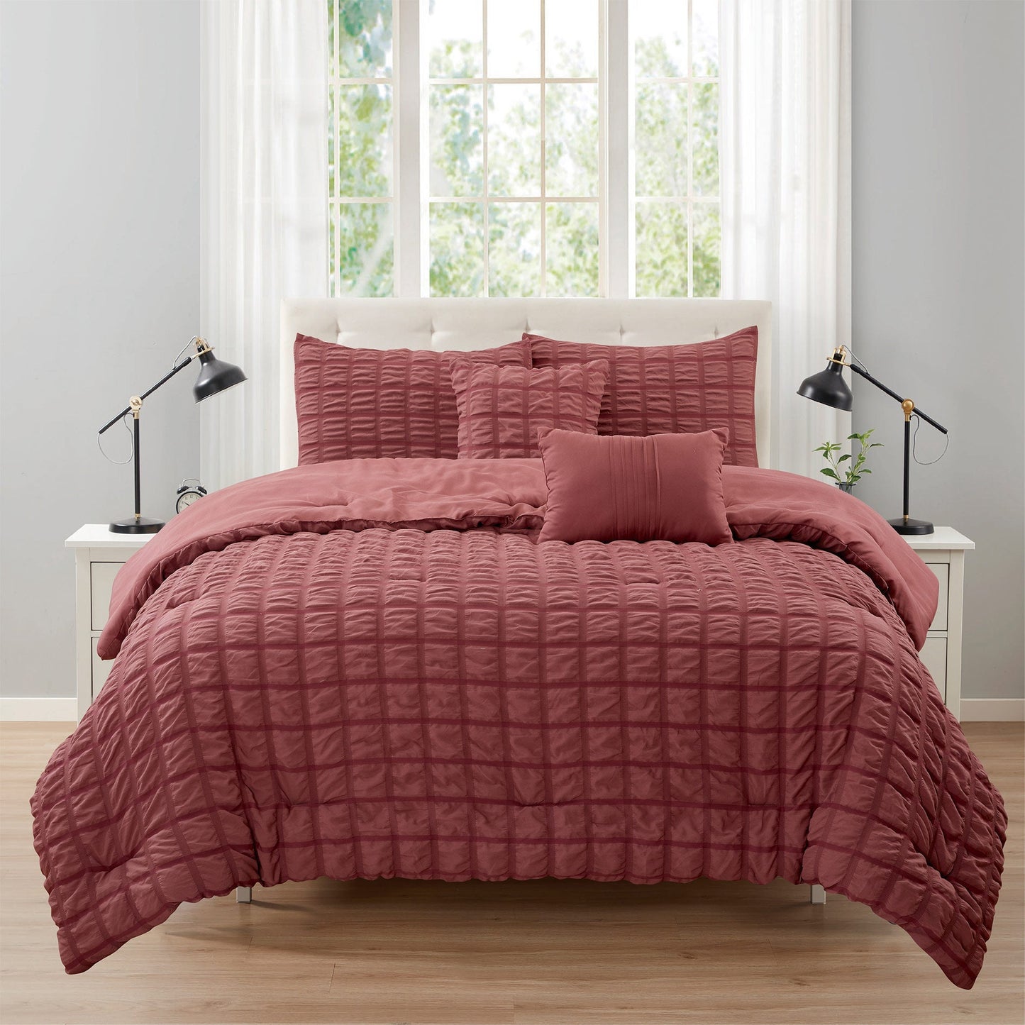 Rowan 5 Piece Seersucker Comforter Set, Mauve, Queen