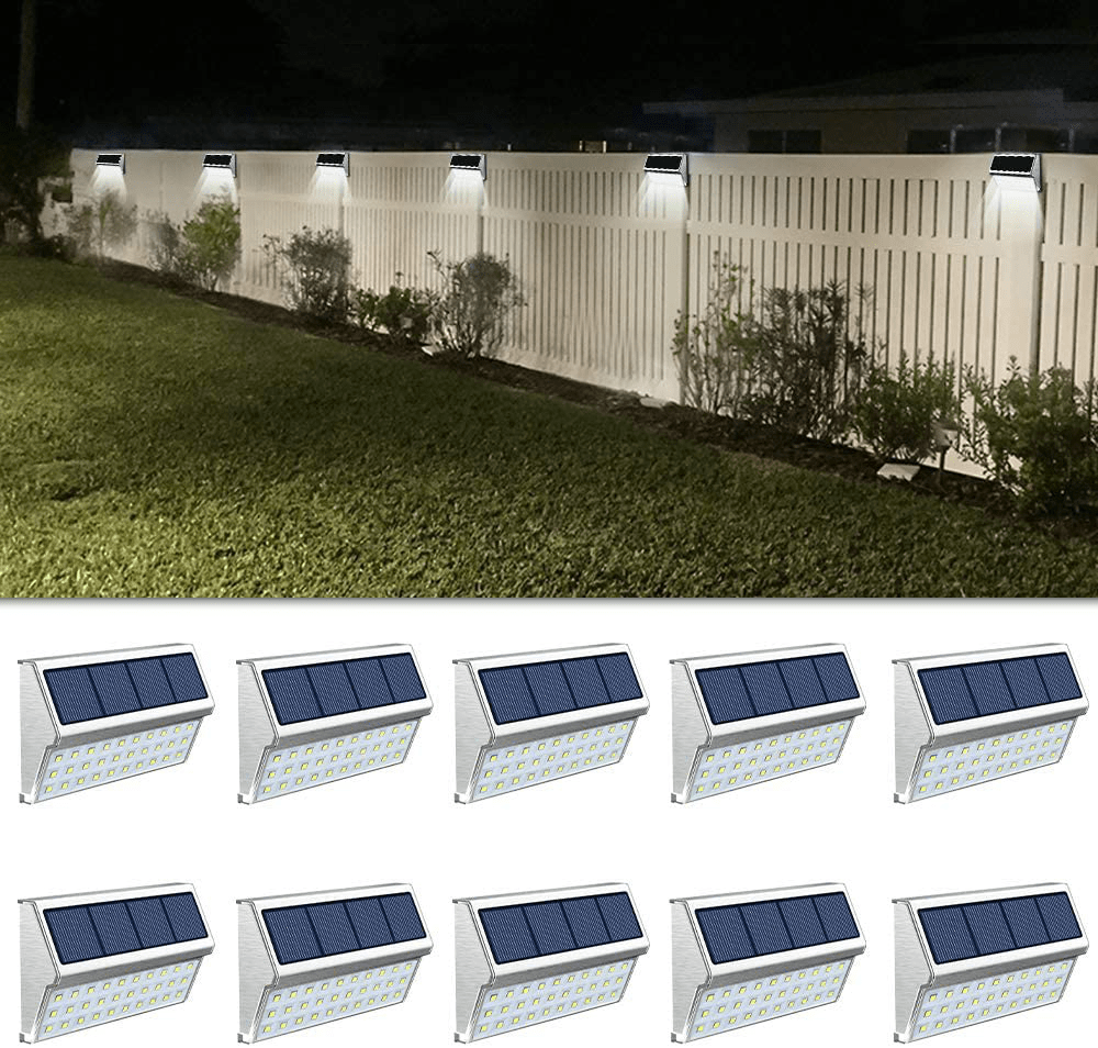 ROSHWEY Deck Lights Outdoor 30 LED Stainless Steel Fence Post Solar Lamps Waterproof Step Lighting for Walkway Stairs (Pack of 10, Cool White Light)