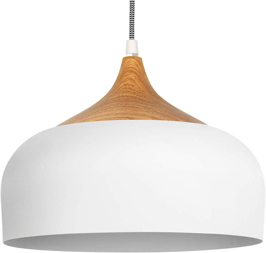 tomons Pendant Light Modern Lantern Lighting with LED Bulb, Wood Pattern Dome Minimalist Style Ceiling Hanging Lamp for Kitchen Island, Dining Room, Living Room, Bedroom, Coffee Bar - White