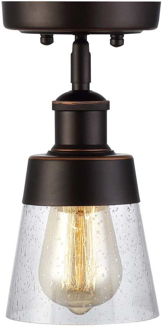 Rustic Glass Flush Mount Light Fixture Mini Clear Seeded Glass Shade Semi Flush Mount Ceiling Light for Hallway Farmhouse Kitchen Entryway, Oil Rubbed Bronze