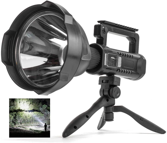 Rechargeable Spotlight Flashlight High Lumens, 90000 Lumen LED Super Bright Searchlight, 4 Modes IPX5 Waterproof Work Lights for Hiking, Camping, Hunting and Emergencies with Tripod and USB Output