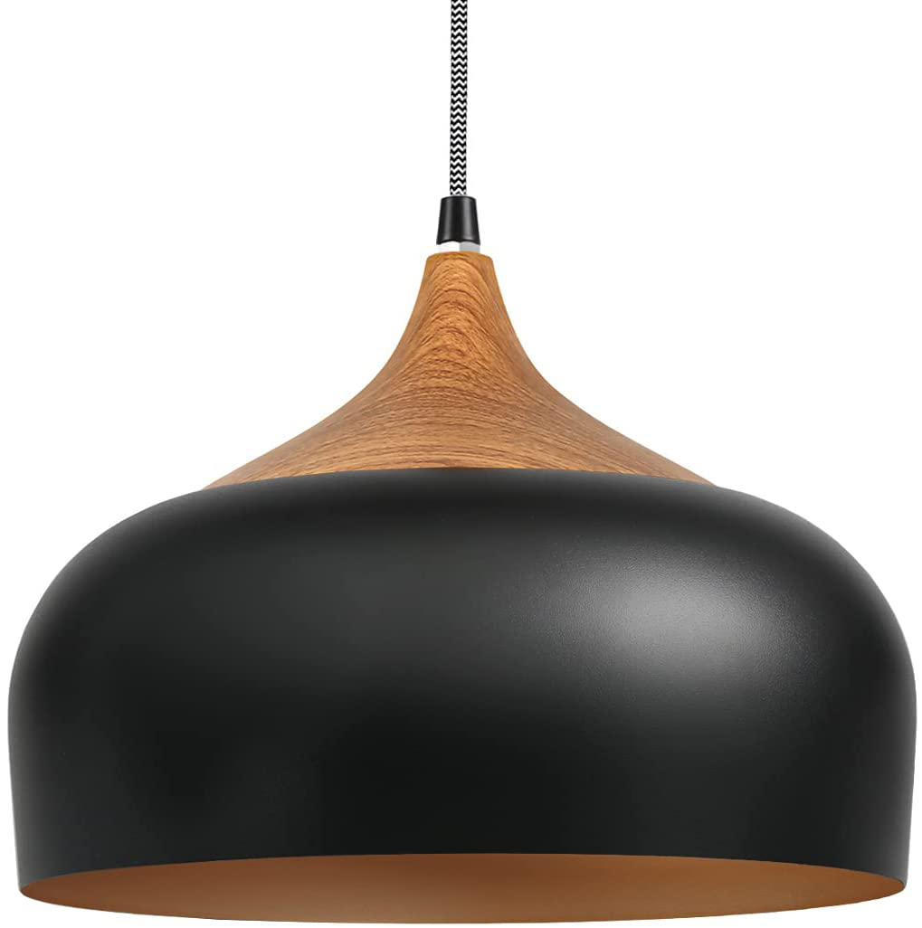 tomons Pendant Light Modern Lantern Lighting with LED Bulb, Wood Pattern Dome Minimalist Style Ceiling Hanging Lamp for Kitchen Island, Dining Room, Living Room, Bedroom, Coffee Bar - White