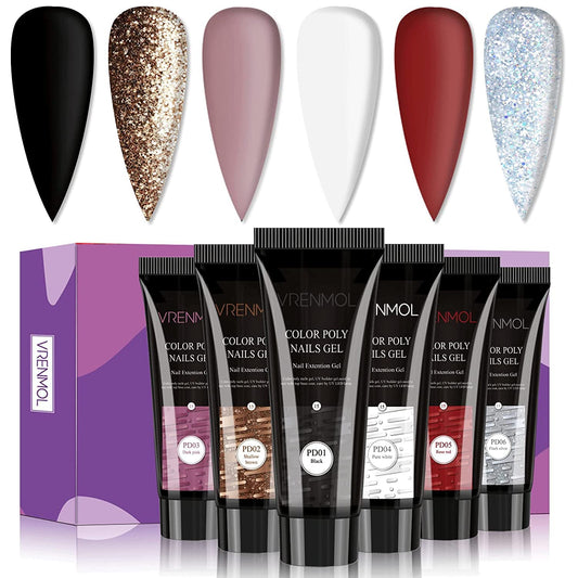 VRENMOL Poly Nails Gel Set, 6 Colors Shiny Black Gold Red Series Summer Extension Nail Kit Builder Nail Gel for Nails Enhancement Manicure Kit for Professional and Started