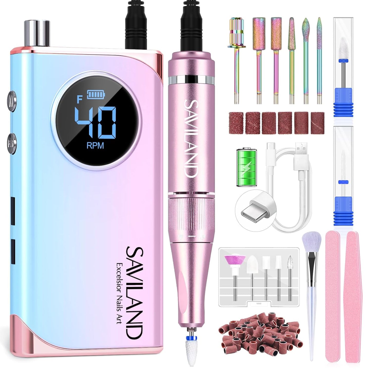 SAVILAND Electric Nail Drill: Portable 40000RPM Nail Filer Electric Manicure Pedicure13 Nail Drill Bits for Acrylic Nails False Nails Gel Nails Dip Nail Artificial Nails Home Salon, Gradient Color