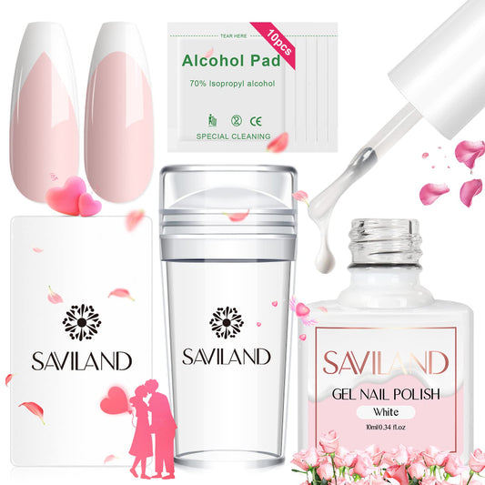 Saviland French Manicure Kit - French Tip Nail Stamp with White Gel Nail Polish Set, Jelly Silicone Nail Stamper Nail Stamper Kit for French Nails Home DIY Nail Salon