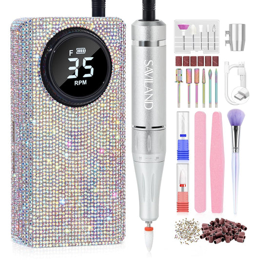SAVILAND Professionl Nail Drill Kit: Diamond Shiny | 35000RPM Electric Nail Drill Machine | Nail Drill Kit Professional Drill Bits Drill Nail File Buffer Dust Brush Expert Salon Use Manicure Pedicure