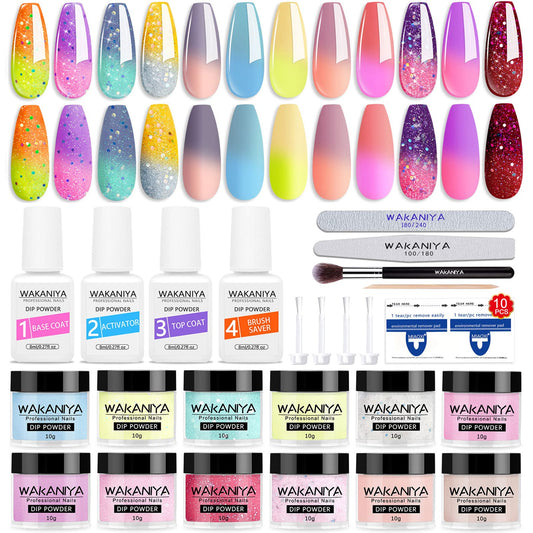 wakaniya Dip Powder Nail Kit 12 Colors Glitter Dipping powder Sun Color Changing Nail Dip Powder Starter Kit with Base Top Coat Activator Dip Powder Kit with Everything for Beginner