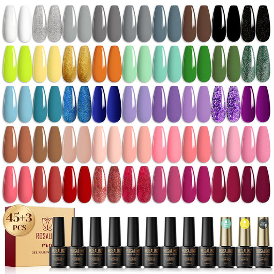 ROSALIND 48PCS Gel Nail Polish Set, 45 Colors White Black Nude Pink Colorful Collection Gel Polish Set with 3 Pcs Gel Top Coat and Base Coat Set Nails Art Manicure Home Salon for Women