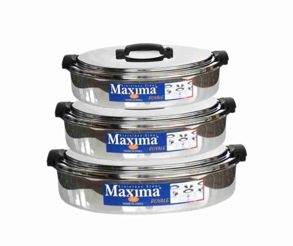 Stainless Steel Maxima Hot Pot Royale Food Warmer Oval 3 Pcs Set Plastic Handle 3500ml 5000ml 7500ml
