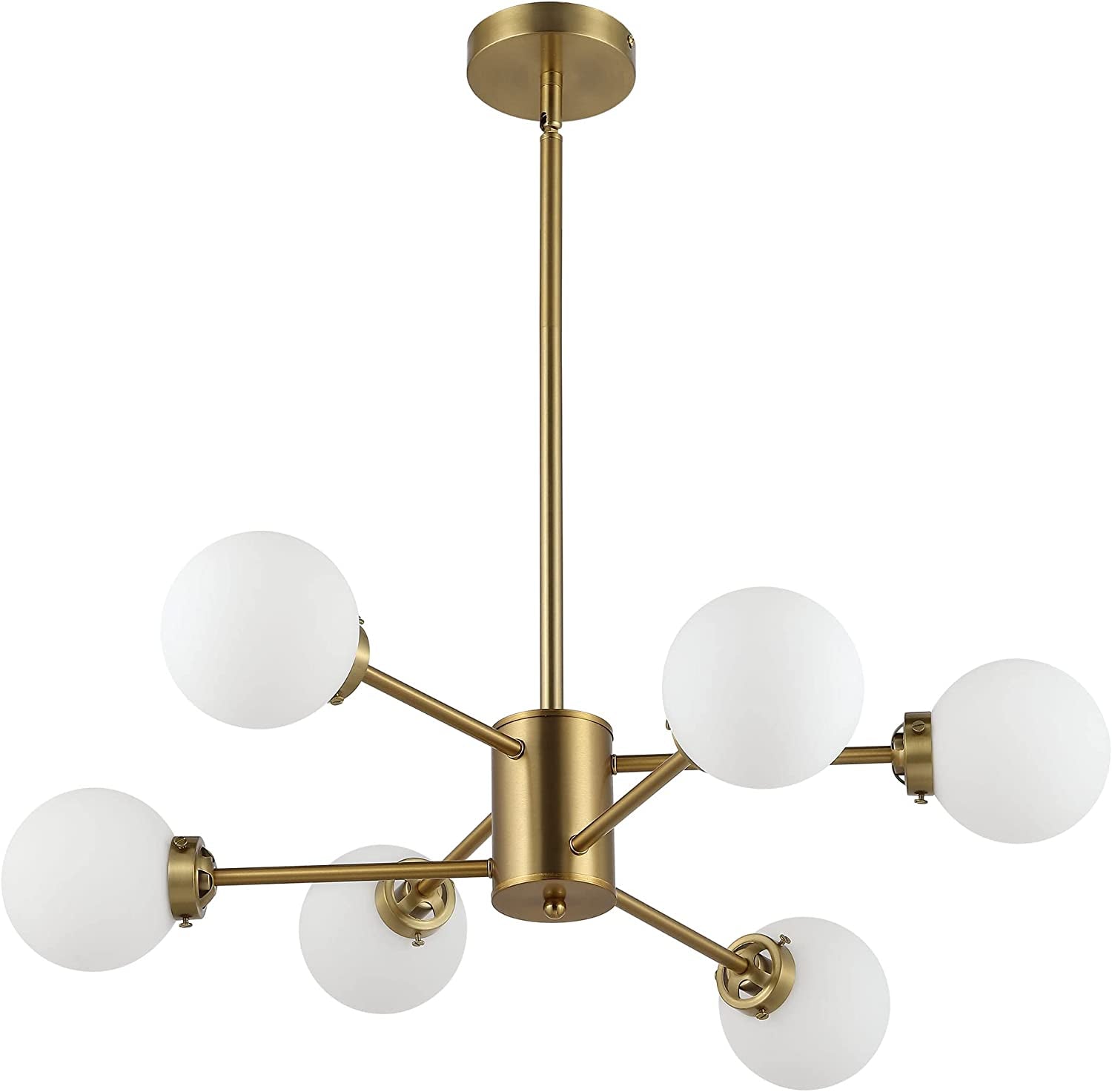 WINGBO 6-Light Modern Chandelier, Sputnik Pedant Light Fixture with Large Opal White Glass Globe Shade for Flat and Slop Ceiling, Height Adjustable for Kitchen Living Room Dining Room Bedroom, Gold