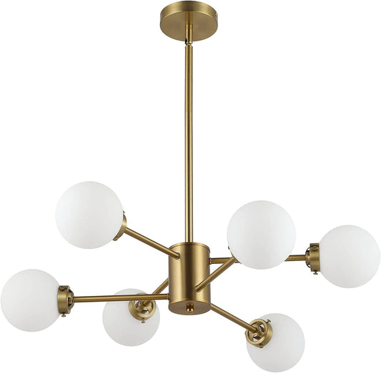 WINGBO 6-Light Modern Chandelier, Sputnik Pedant Light Fixture with Large Opal White Glass Globe Shade for Flat and Slop Ceiling, Height Adjustable for Kitchen Living Room Dining Room Bedroom, Gold