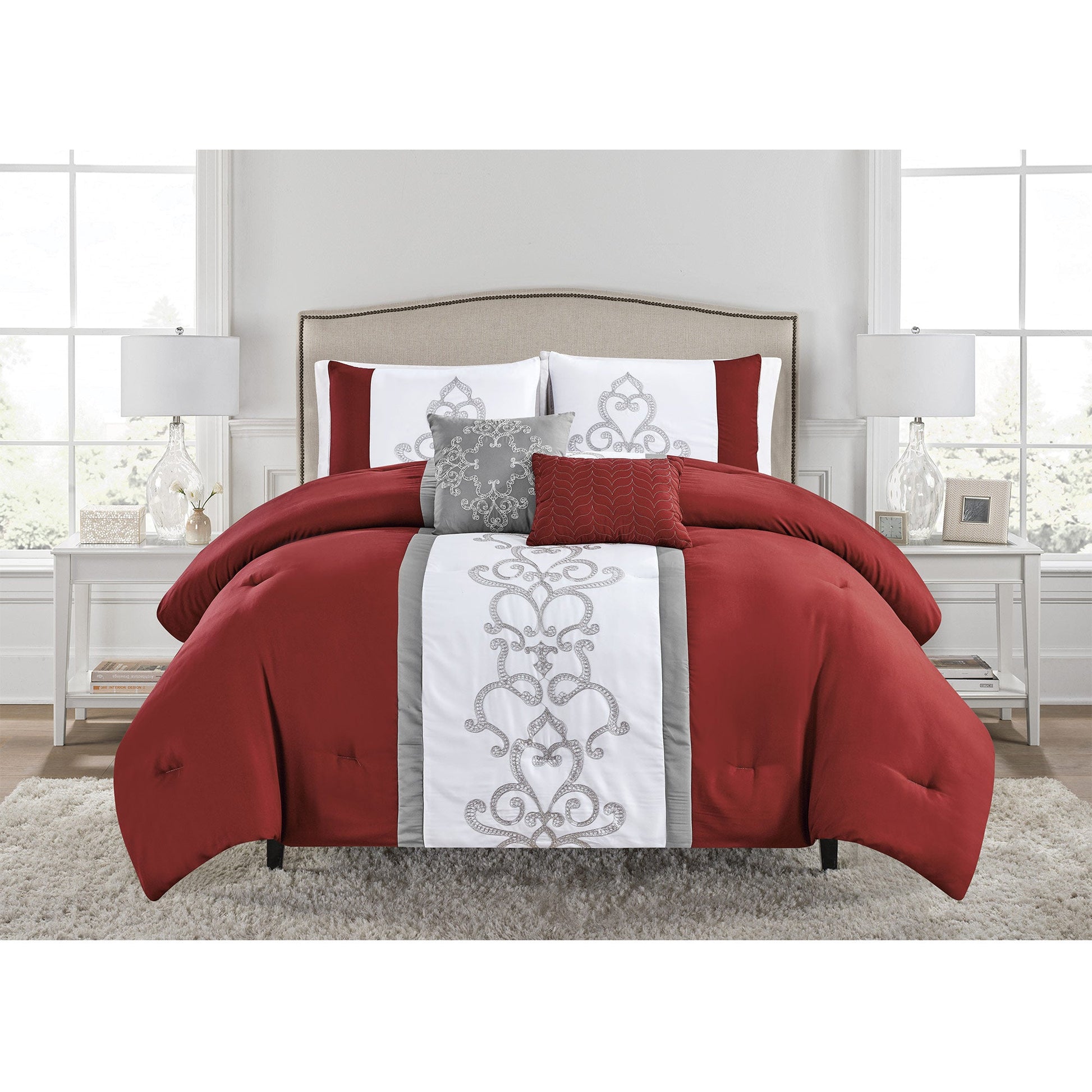 Shelby 5 Piece Embroidered Comforter Set, Burgundy, King