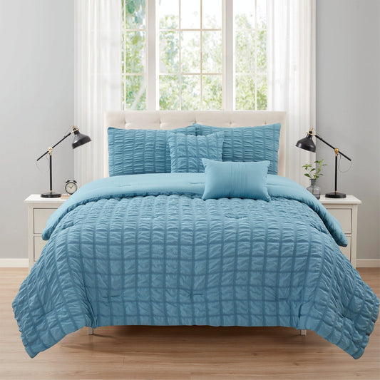 Rowan 5 Piece Seersucker Comforter Set, Slate Blue, Queen