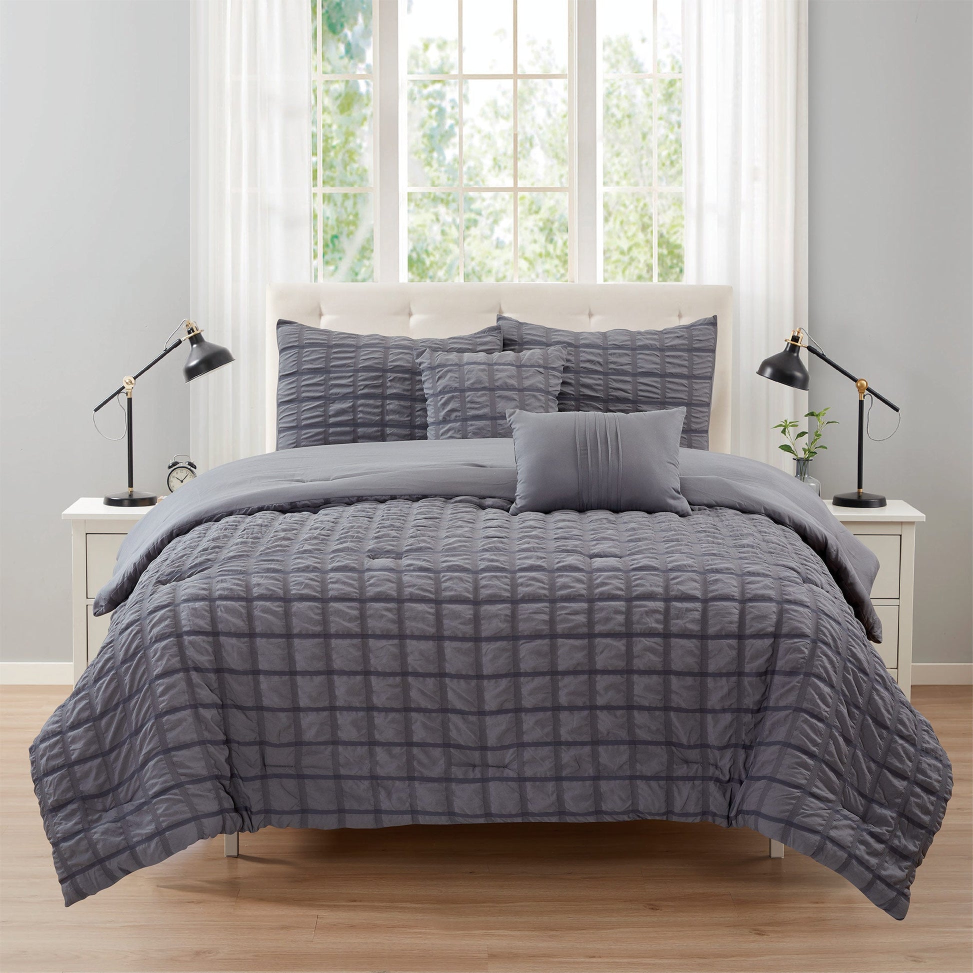 Rowan 5 Piece Seersucker Comforter Set, Gray, King