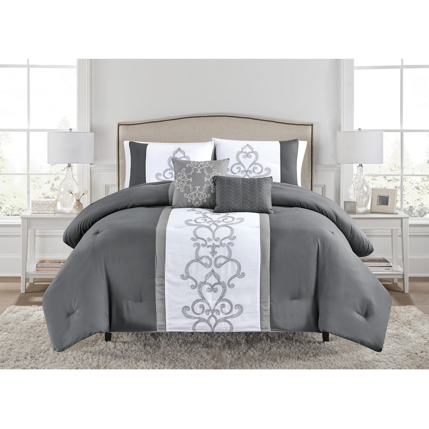 Shelby 5 Piece Embroidered Comforter Set, Gray, Queen