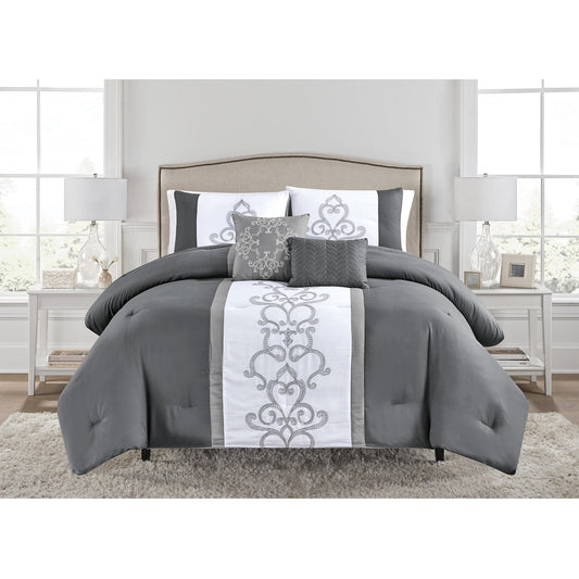 Shelby 5 Piece Embroidered Comforter Set, Gray, Queen