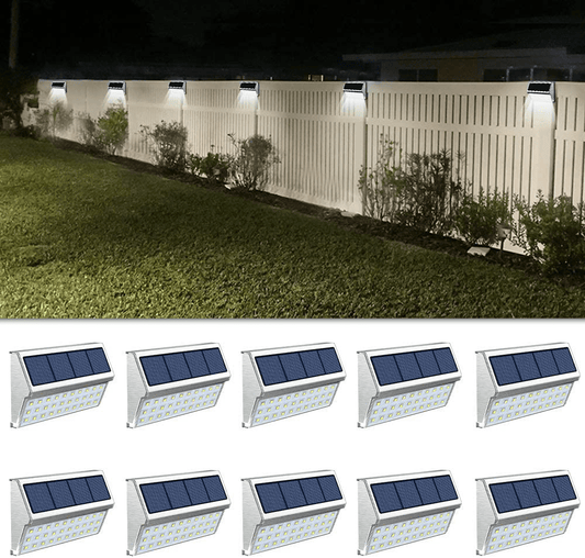 ROSHWEY Deck Lights Outdoor 30 LED Stainless Steel Fence Post Solar Lamps Waterproof Step Lighting for Walkway Stairs (Pack of 10, Cool White Light)